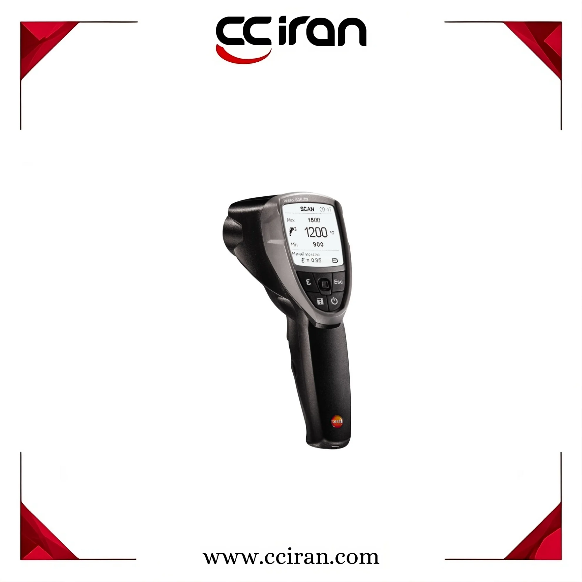 ترمومتر لیزری تستو مدل Testo 835-T2 با محدوده دمایی بالا، مناسب برای اندازه‌گیری بدون تماس در سطوح داغ صنعتی