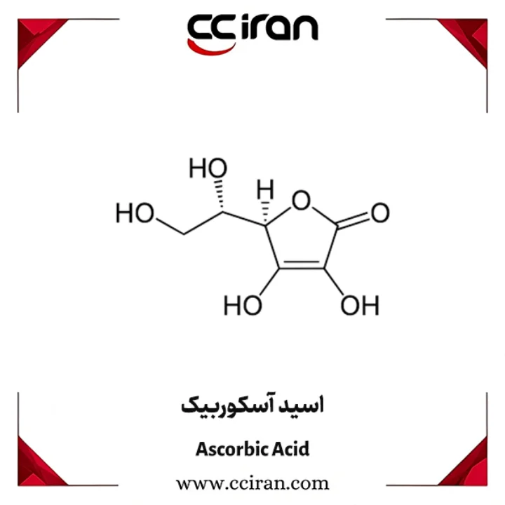 ساختار شیمیایی اسید اسکوربیک (C₆H₈O₆) که در فرآورده‌های دارویی و آرایشی برای روشن‌کنندگی پوست و پیشگیری از پیری زودرس کاربرد دارد | CCIRAN