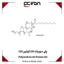 ساختار شیمیایی پلی سوربات 20 (Tween 20) که به‌عنوان سورفکتانت غیر یونی، امولسیفایر و تثبیت‌کننده فازهای مختلف در صنایع دارویی، آرایشی و غذایی کاربرد دارد | CCIRAN